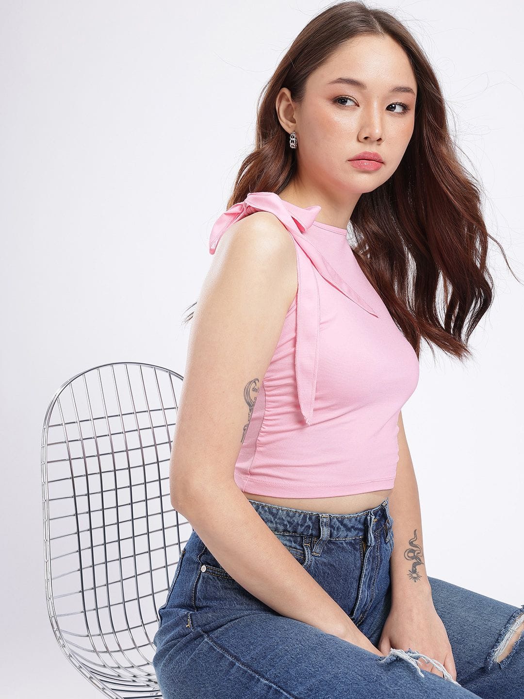 glitchez Sleeveless Tie-Up & Gathers Detail Fitted Crop Top Myntra sale