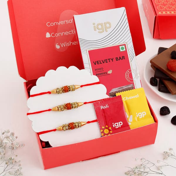 Rudraksha Rakhi Set of 3 with Chocolate IGP sale