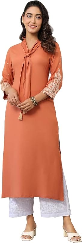Janasya Peach Solid Rayon Kurta Set