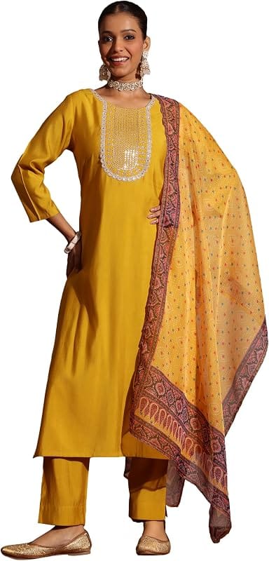 Janasya Women Yellow Embroidered Kurta Set