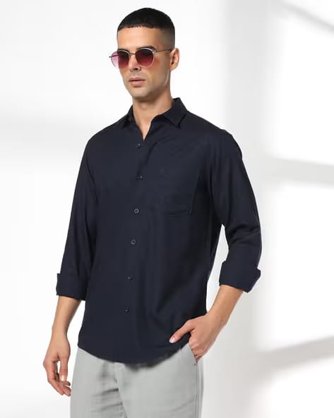 John Players Men Slim Fit Cotton Shirt Navy Blue