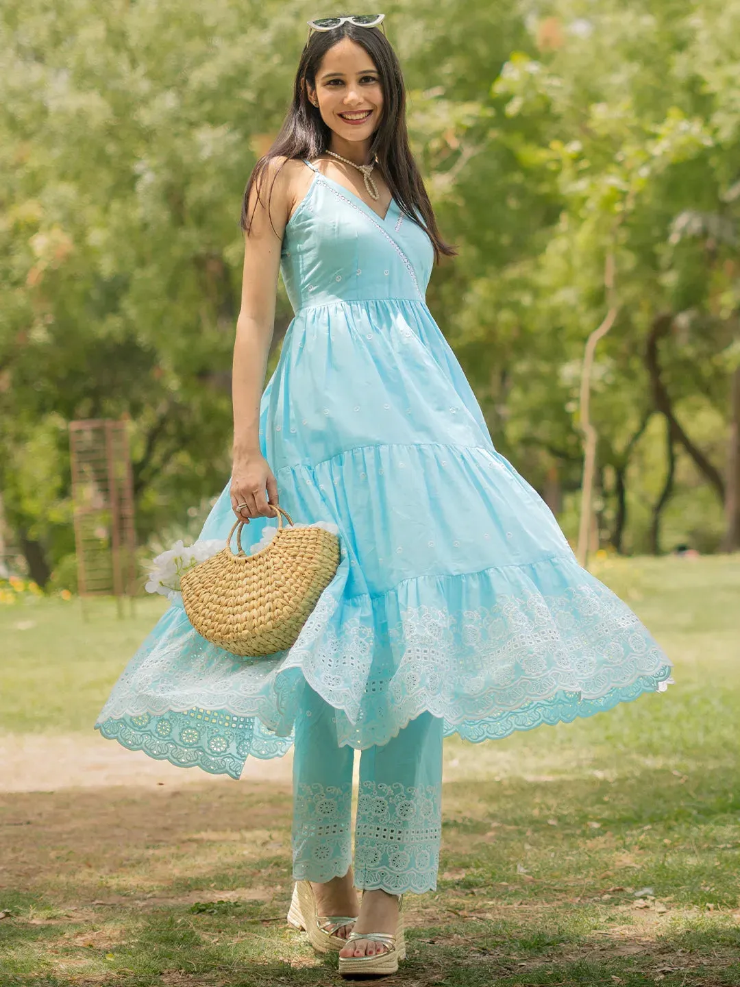Gerua Blue Self Design Anarkali Kurta With Trousers Libas sale