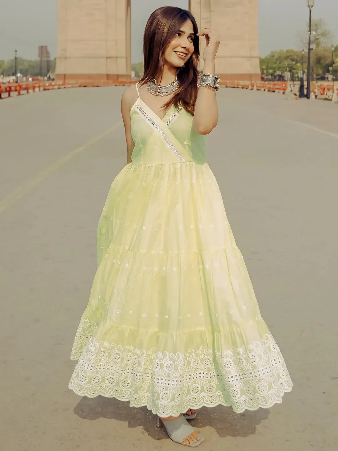Gerua The Kiara Cut Yellow Self Design Anarkali Kurta With Trousers Libas sale