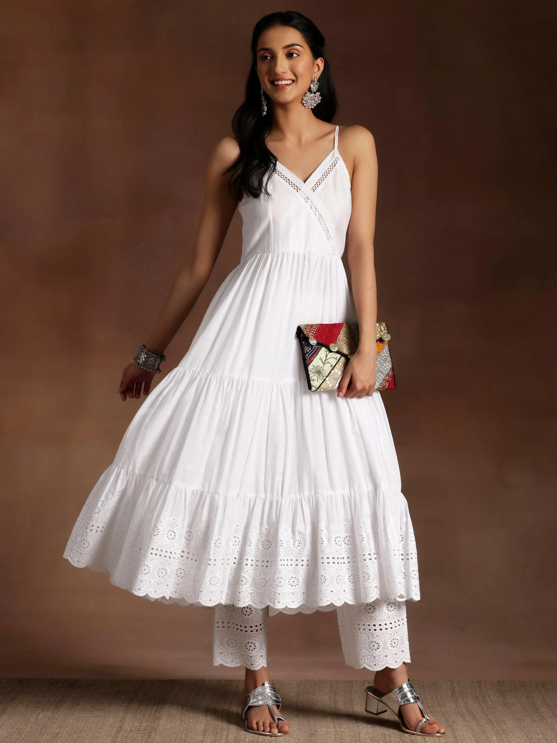 Libas The Kiara Cut White Self Design Cotton A-Line Kurta With Trousers Libas sale