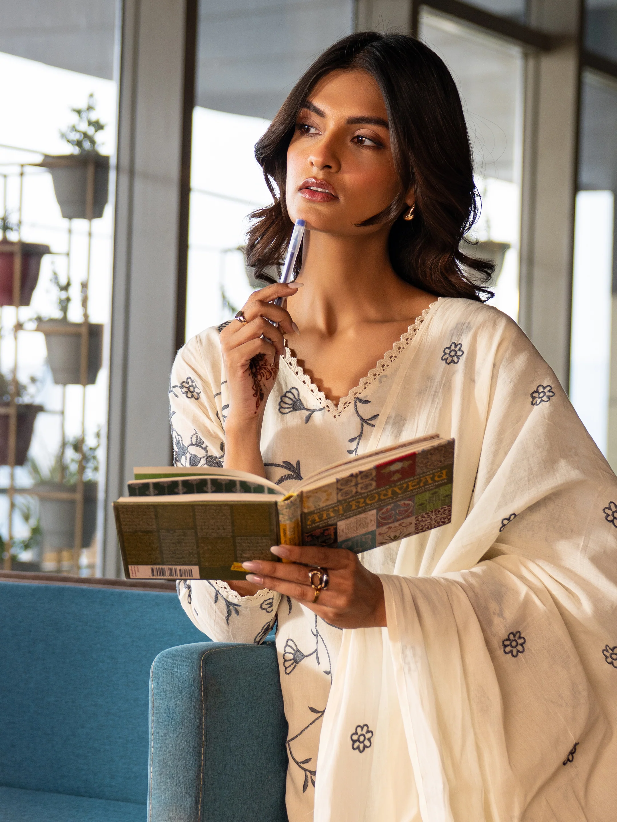 Libas Off White Embroidered Cotton Straight Suit Set With Dupatta Libas sale