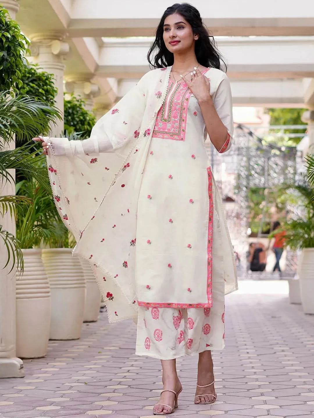 Libas Off-White Yoke Design Cotton Straight Kurta With Palazzos & Dupatta Libas sale