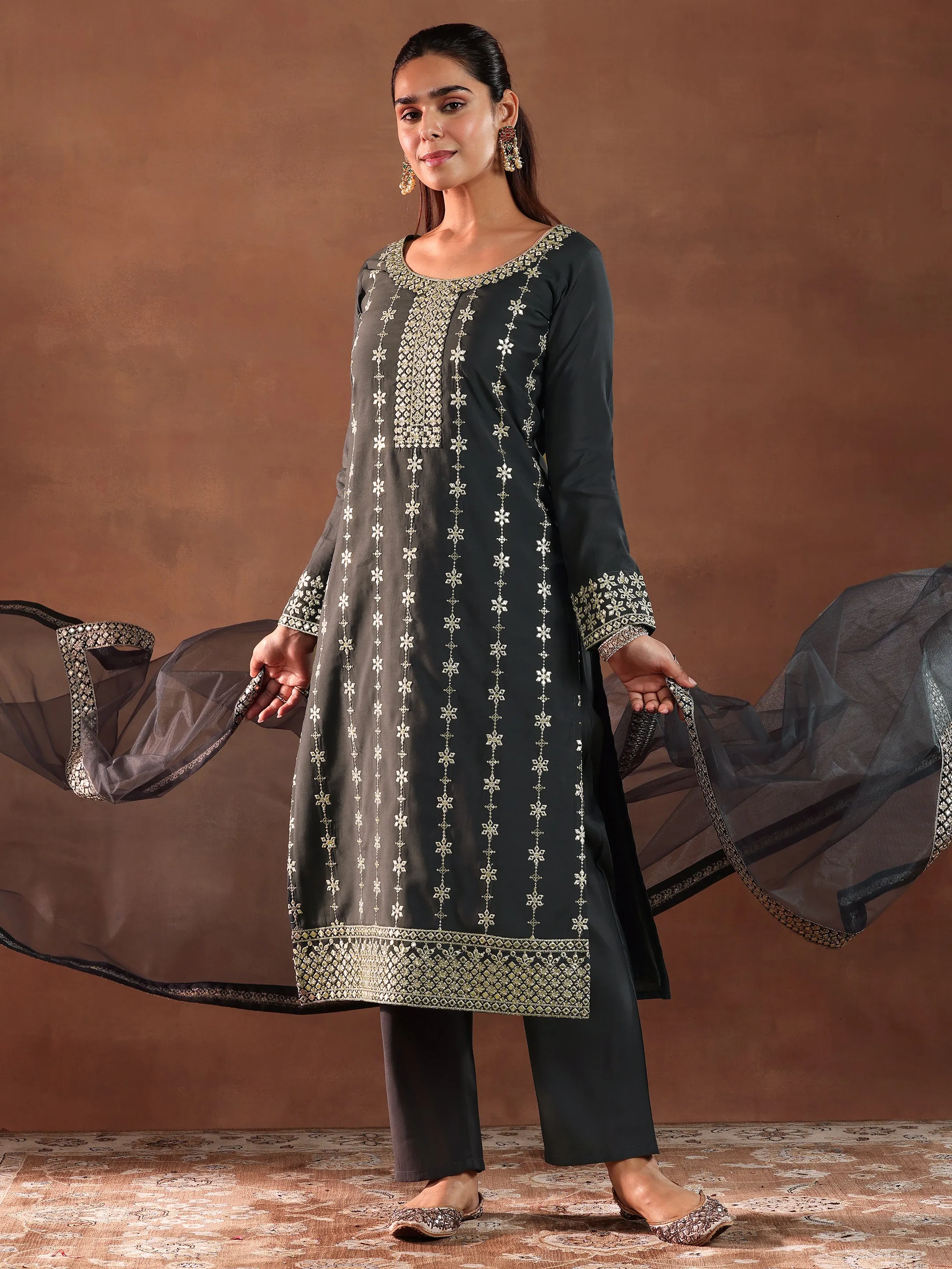 Libas Grey Embroidered Silk Blend Straight Suit With Dupatta Libas sale