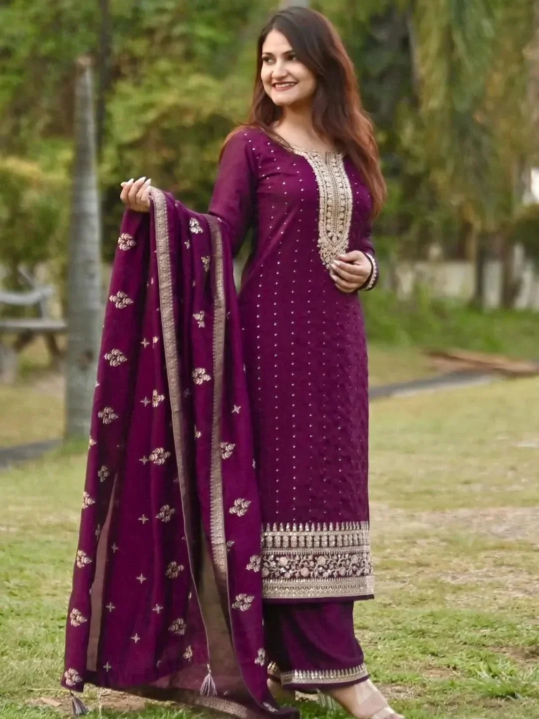 Libas Purple Embroidered Silk Blend Pakistani Suit Libas sale