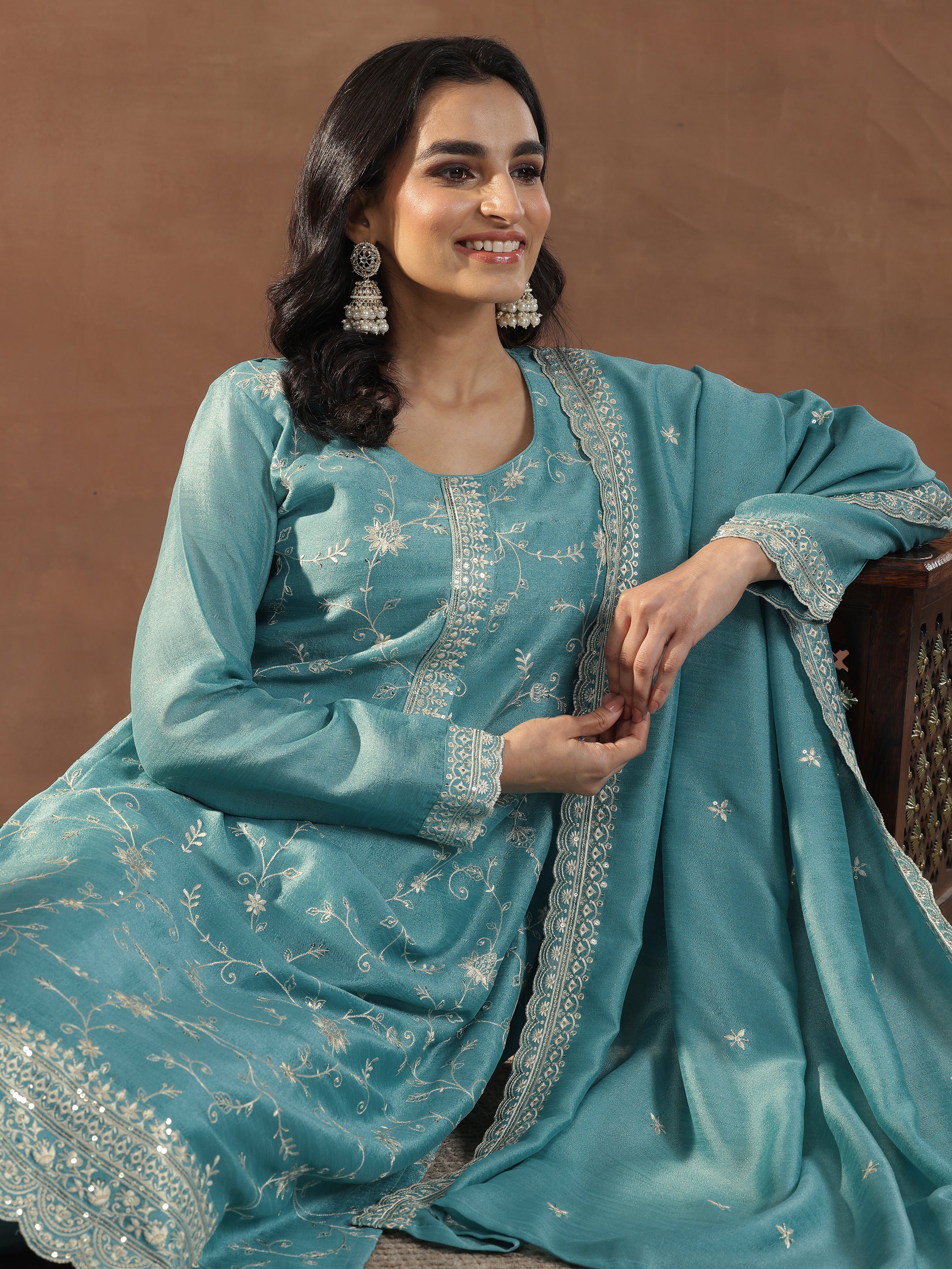 Libas Blue Embroidered Silk Blend Straight Suits With Dupatta Libas sale