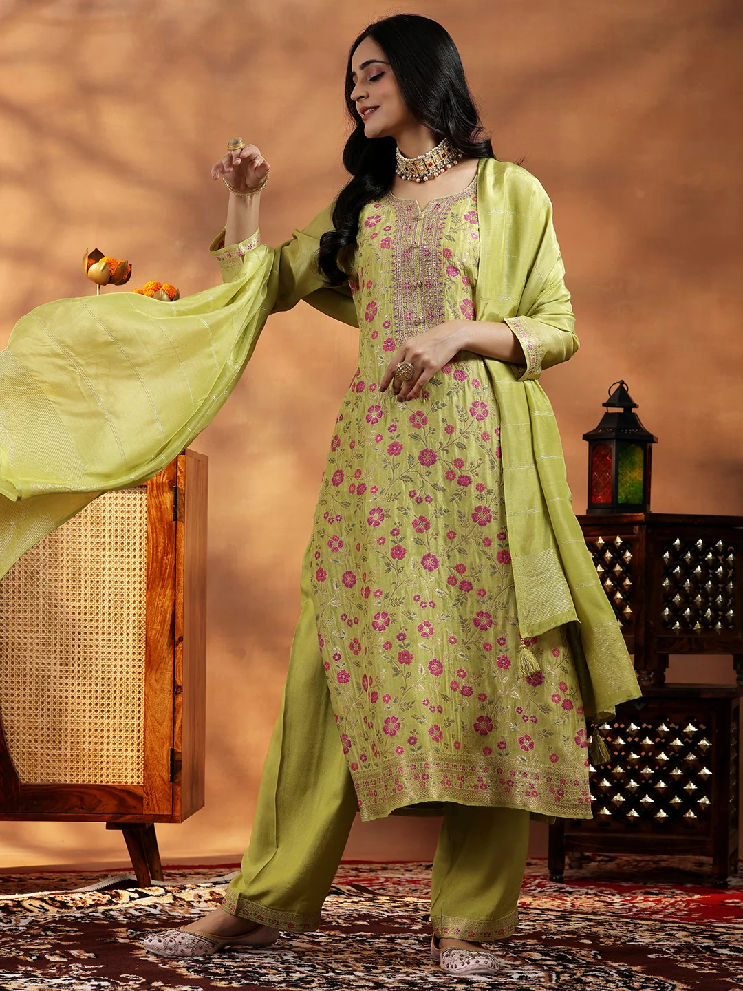 Libas Green Woven Design Silk Blend Straight Suit With Dupatta Libas sale