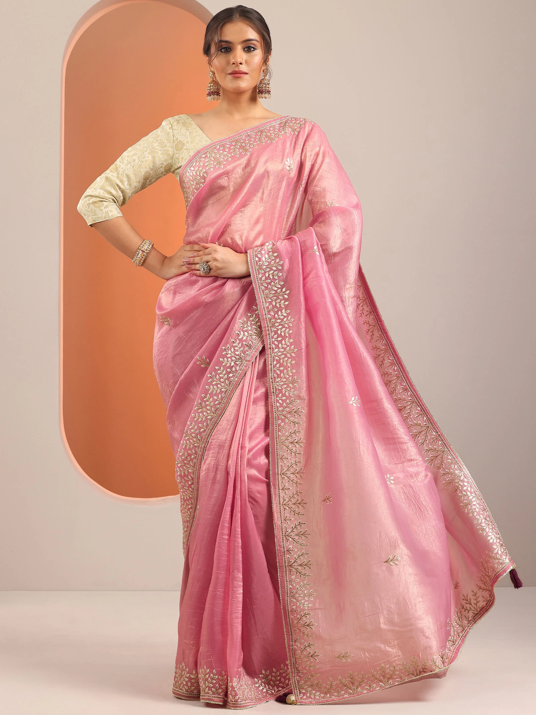 Libas Pink Embroidered Organza Saree With Unstitched Blouse Piece Libas sale