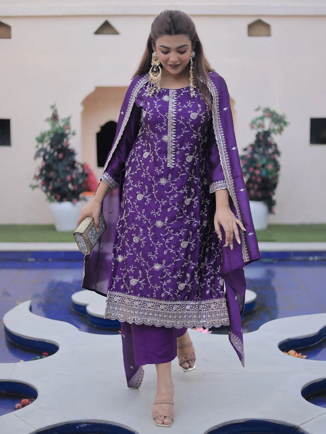 Libas Purple Embroidered Silk Blend Straight Suit Set With Dupatta Libas sale