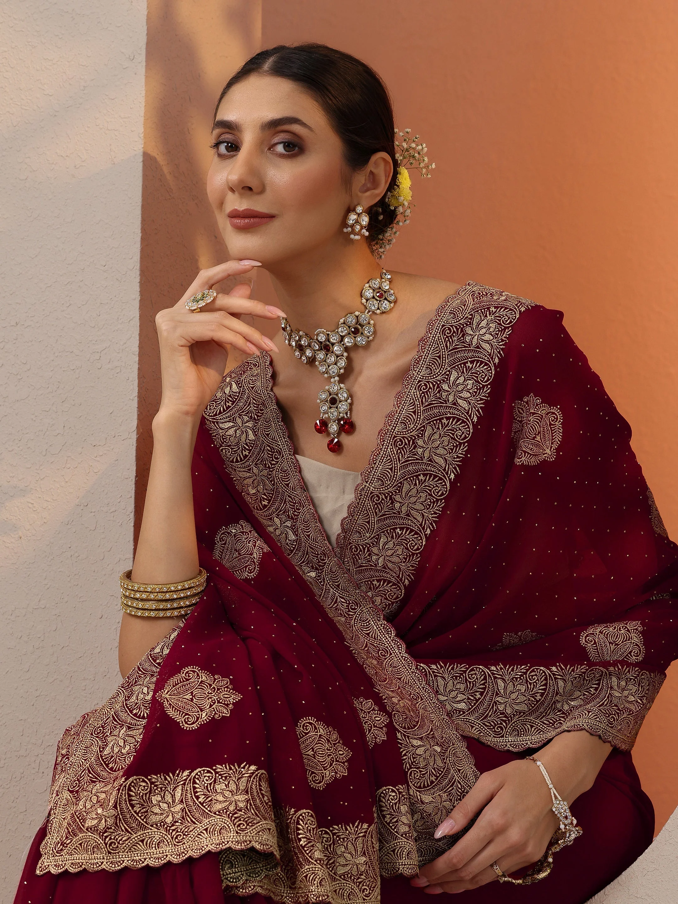Libas Red Embroidered Georgette Saree With Unstitched Blouse Piece Libas sale