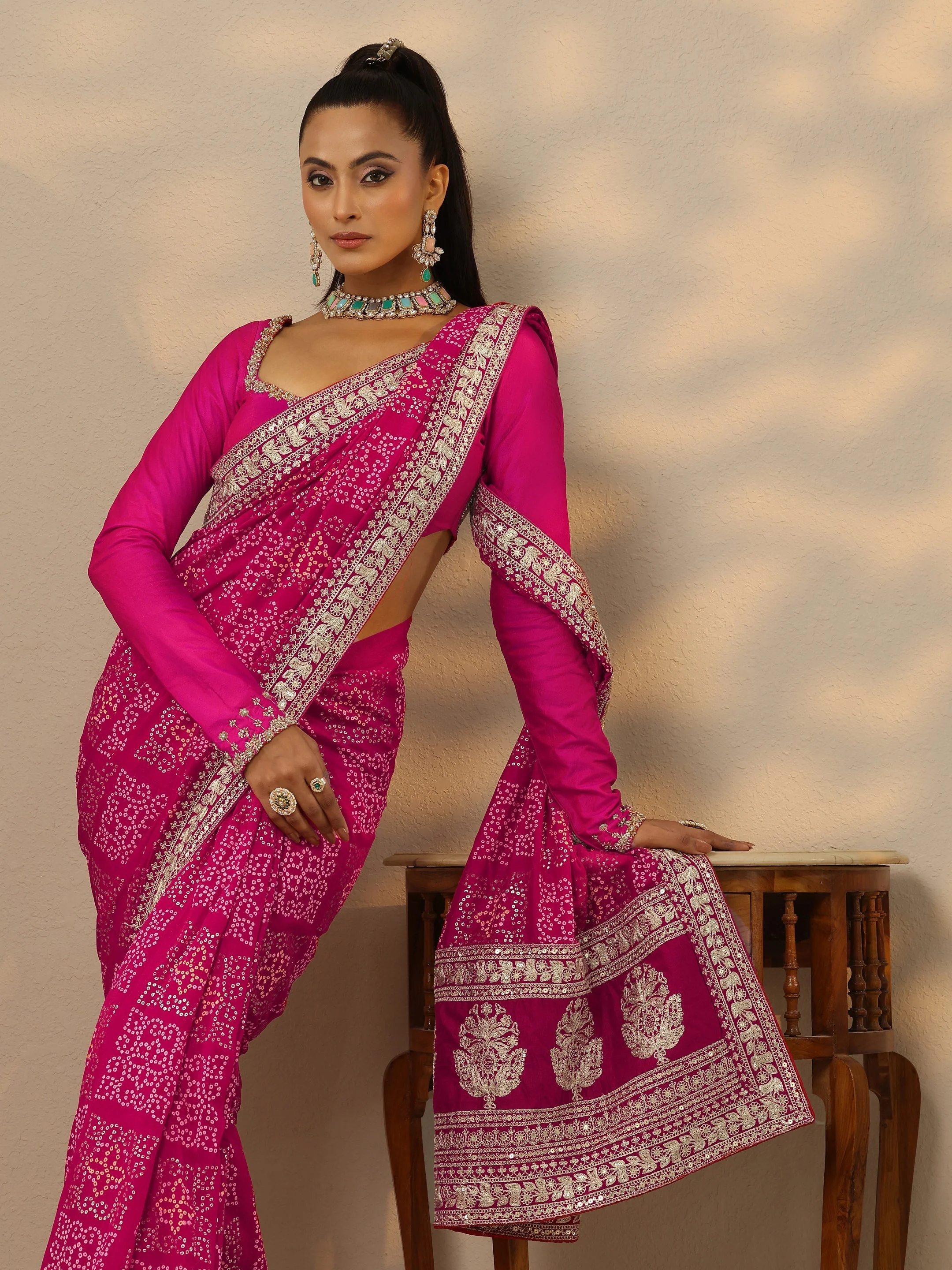 Libas Pink Bandhani Printed Silk Blend Saree With Unstitched Blouse Piece Libas sale