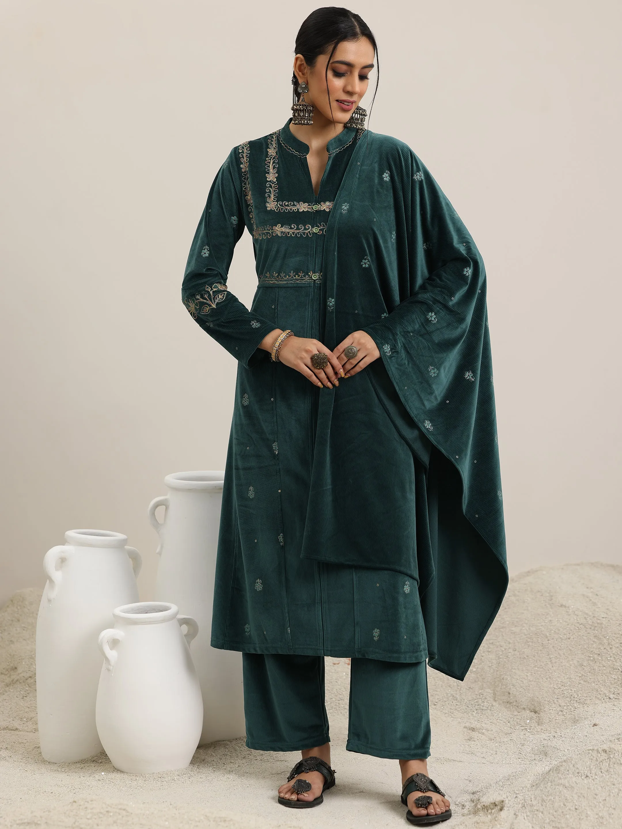 Libas Green Embroidered Velvet A-Line Kurta With Trousers & Dupatta Libas sale