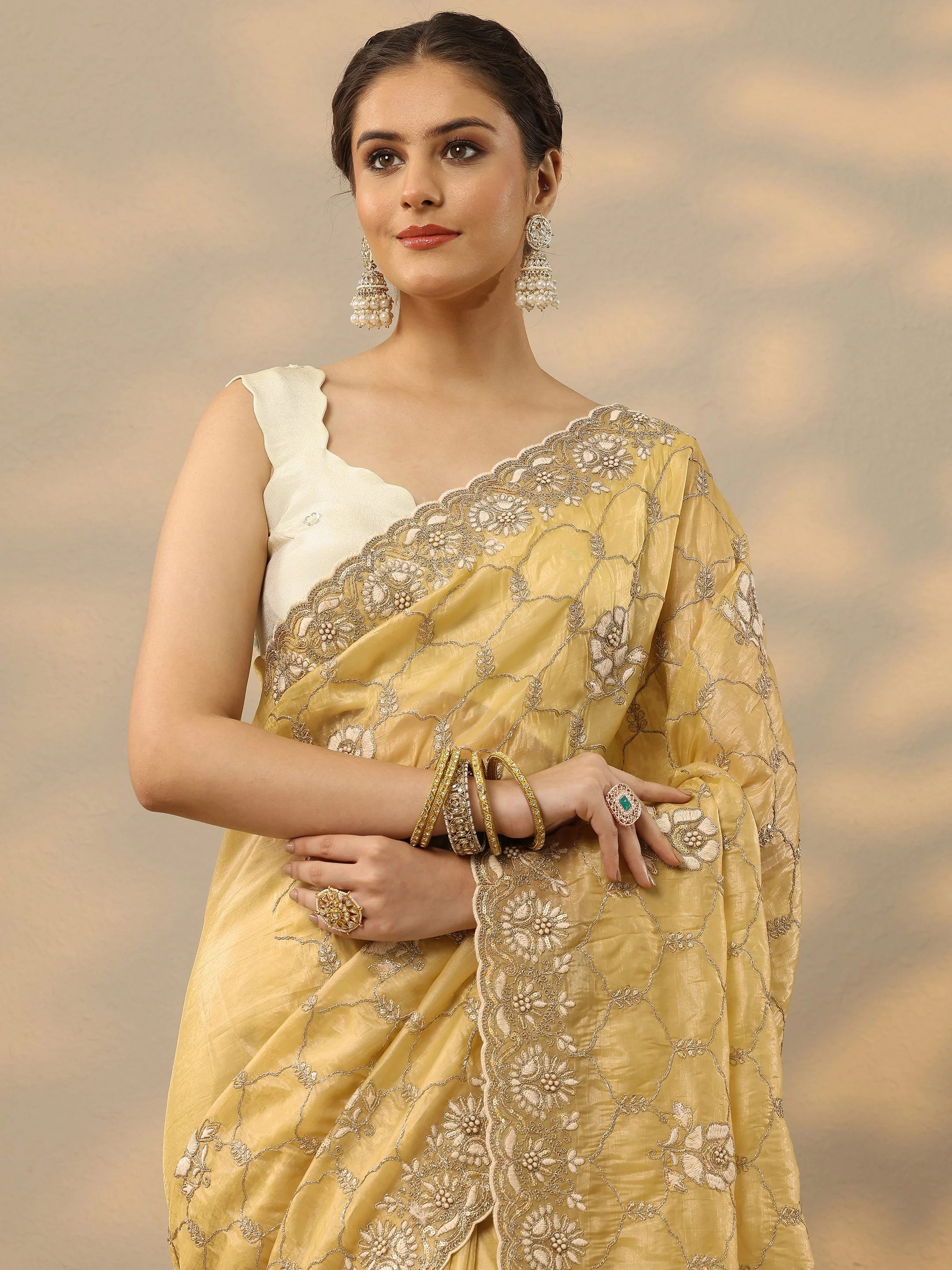 Libas Yellow Embroidered Organza Saree With Unstitched Blouse Piece Libas sale