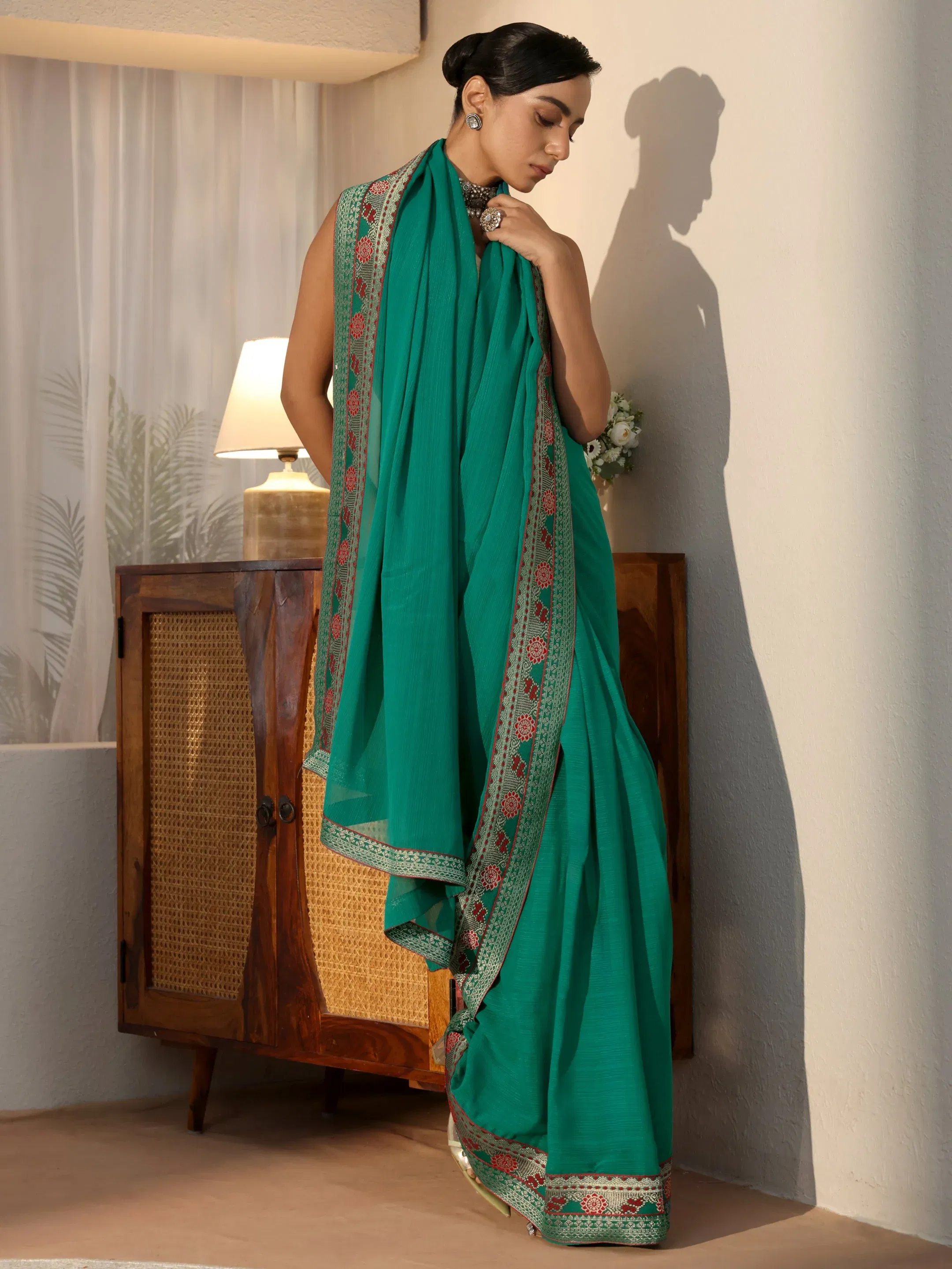 Libas Teal Green Chiffon Pre-Draped Saree Libas sale