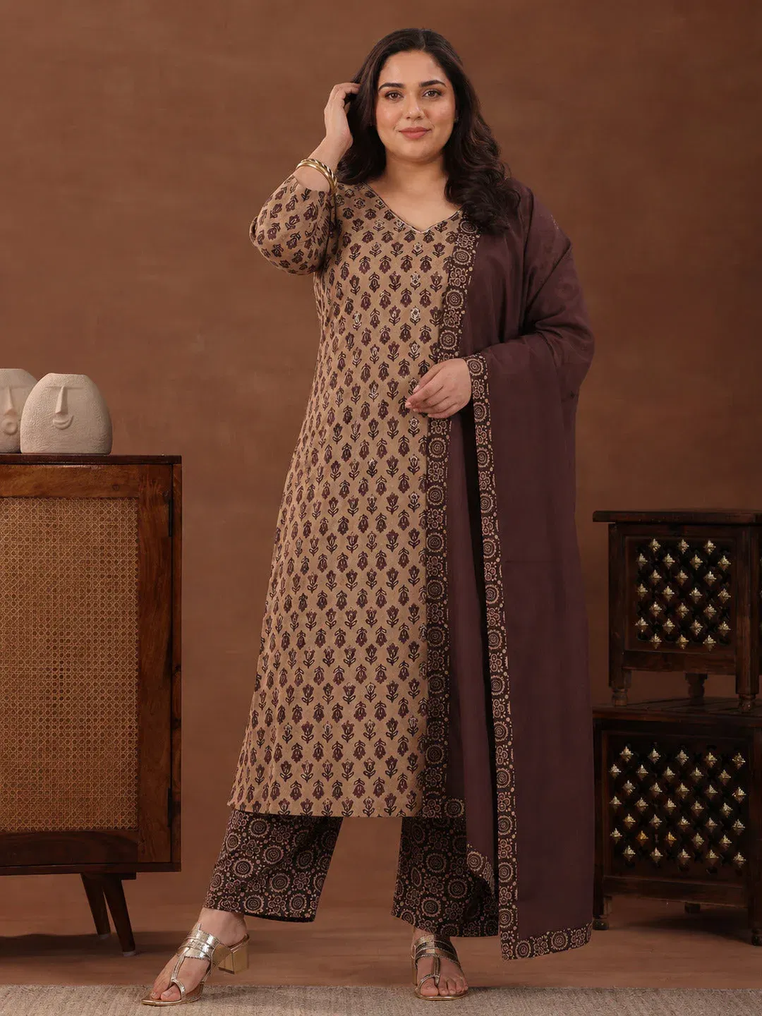 Libas Plus Size Brown Printed Cotton Straight Suit With Dupatta Libas sale