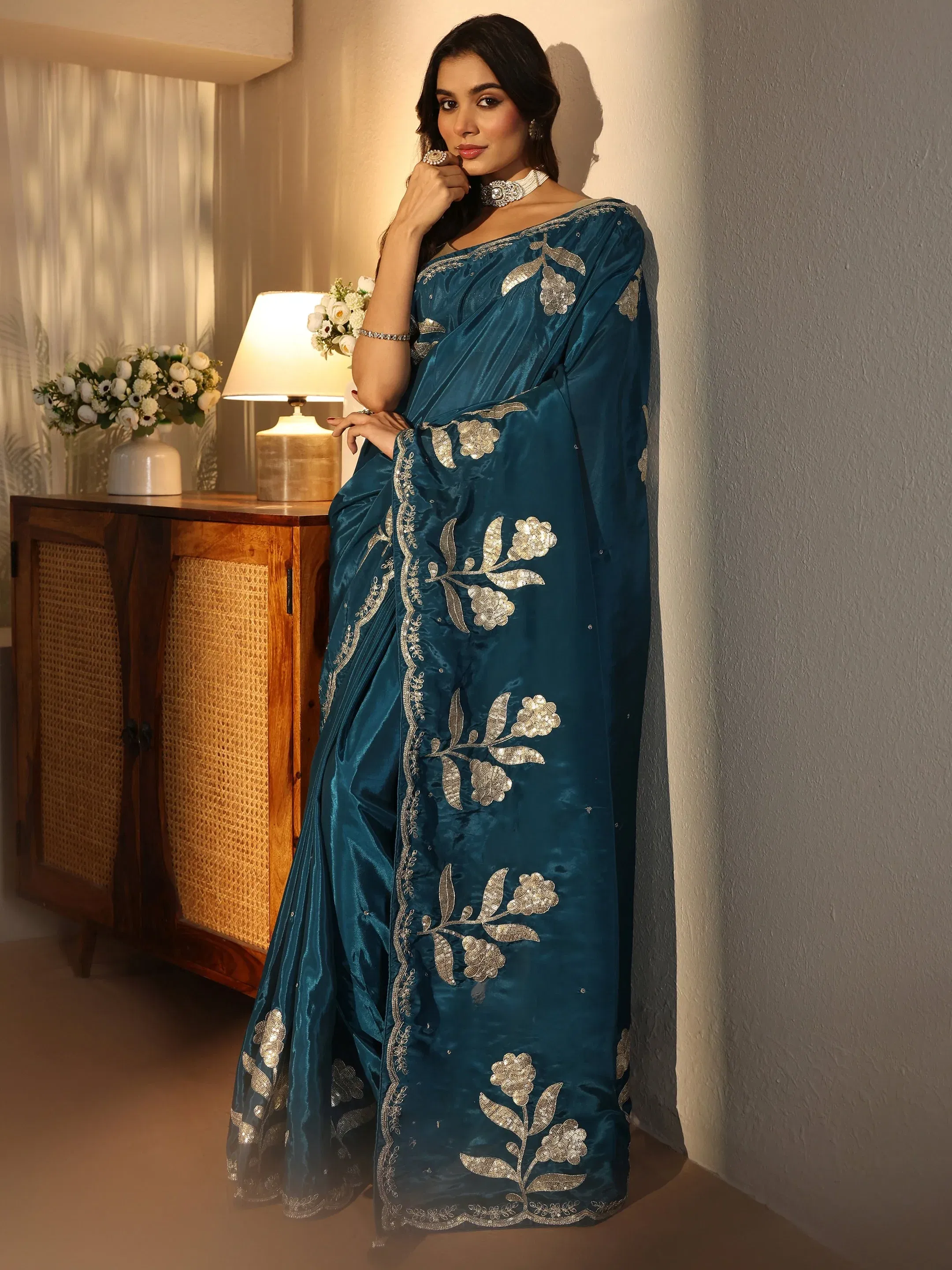 Libas Teal Blue Floral Embellished Satin Saree Libas sale