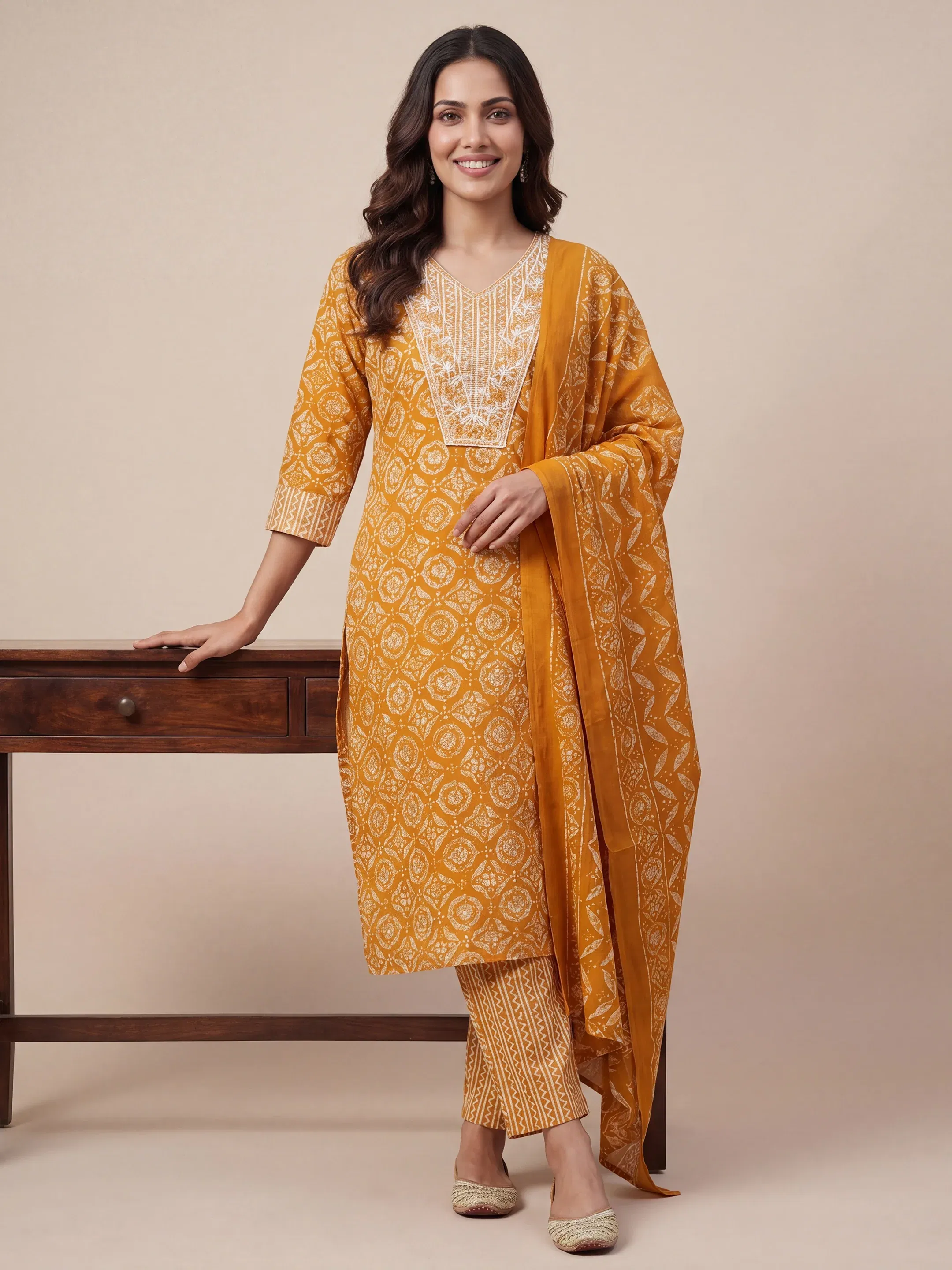 Libas Mustard Ethnic Printed Cotton Blend Straight Suit Set With Dupatta Libas sale