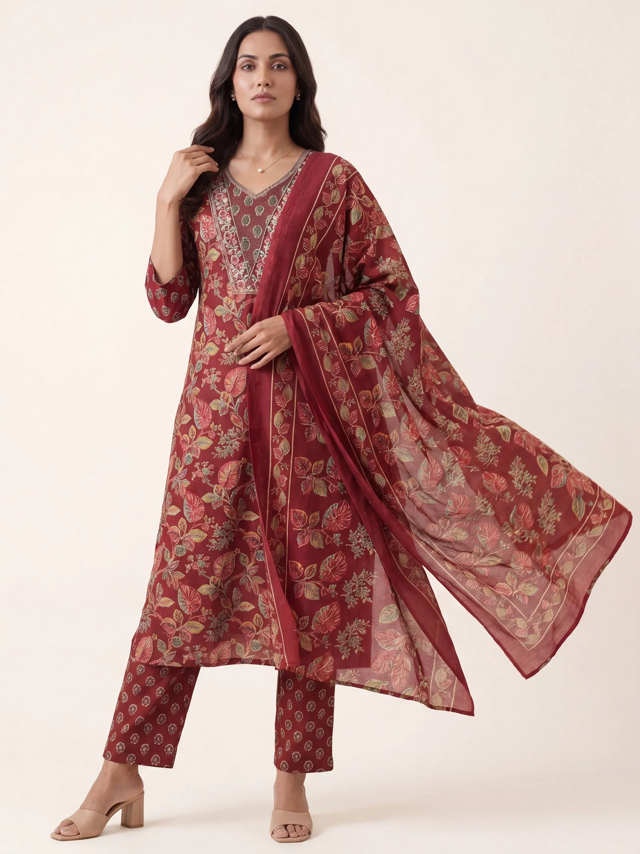 Libas Maroon Floral Printed Cotton Blend Straight Suit Set With Dupatta Libas sale