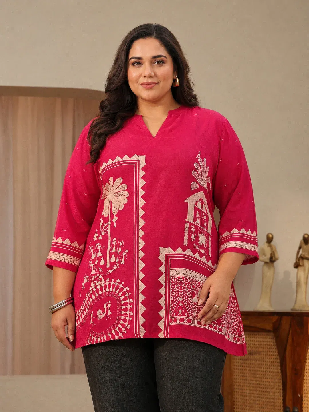 Libas Plus Size Vermilion Red Tribal Printed Muslin Straight Short Kurti Libas sale