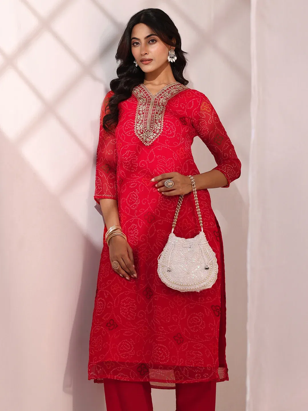 Libas Red Bandhani Printed Chiffon Straight Kurta Libas sale