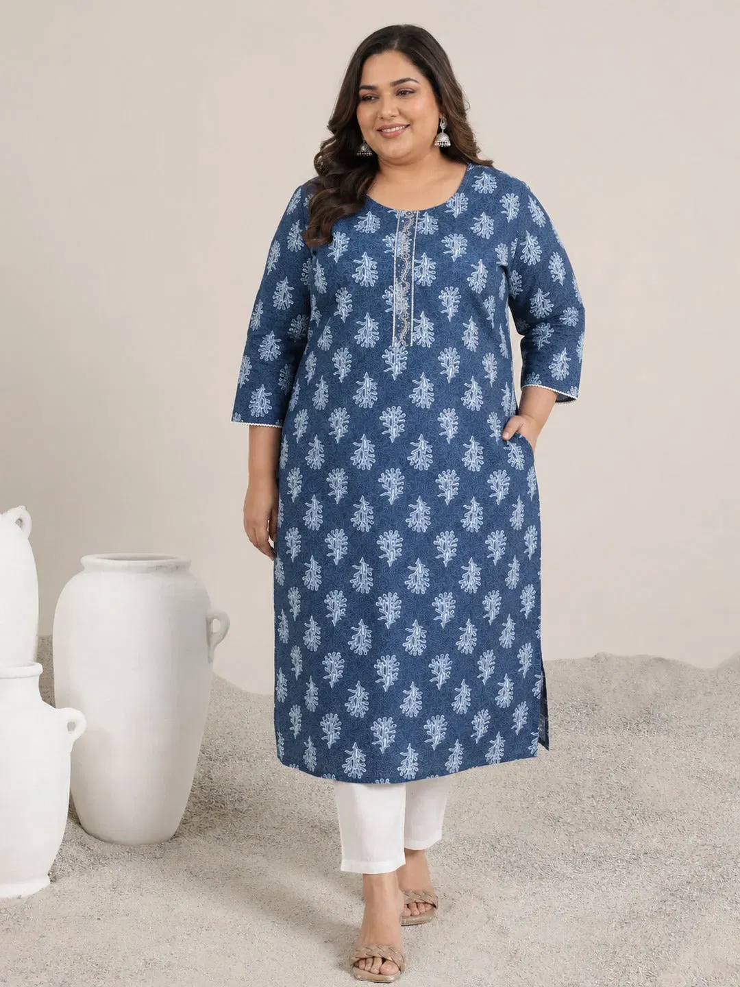 Libas Plus Size Blue Printed Cotton Straight Kurta Libas sale