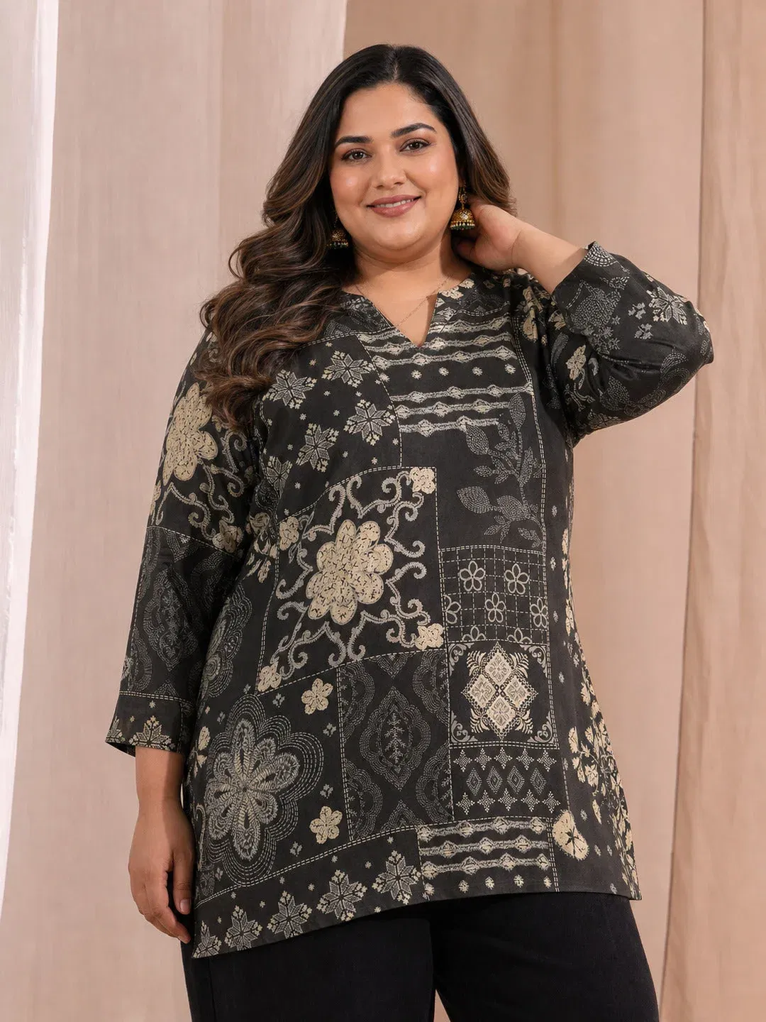 Libas Plus Size Black Ethnic Motif Printed Silk Blend Straight Short Kurti Libas sale