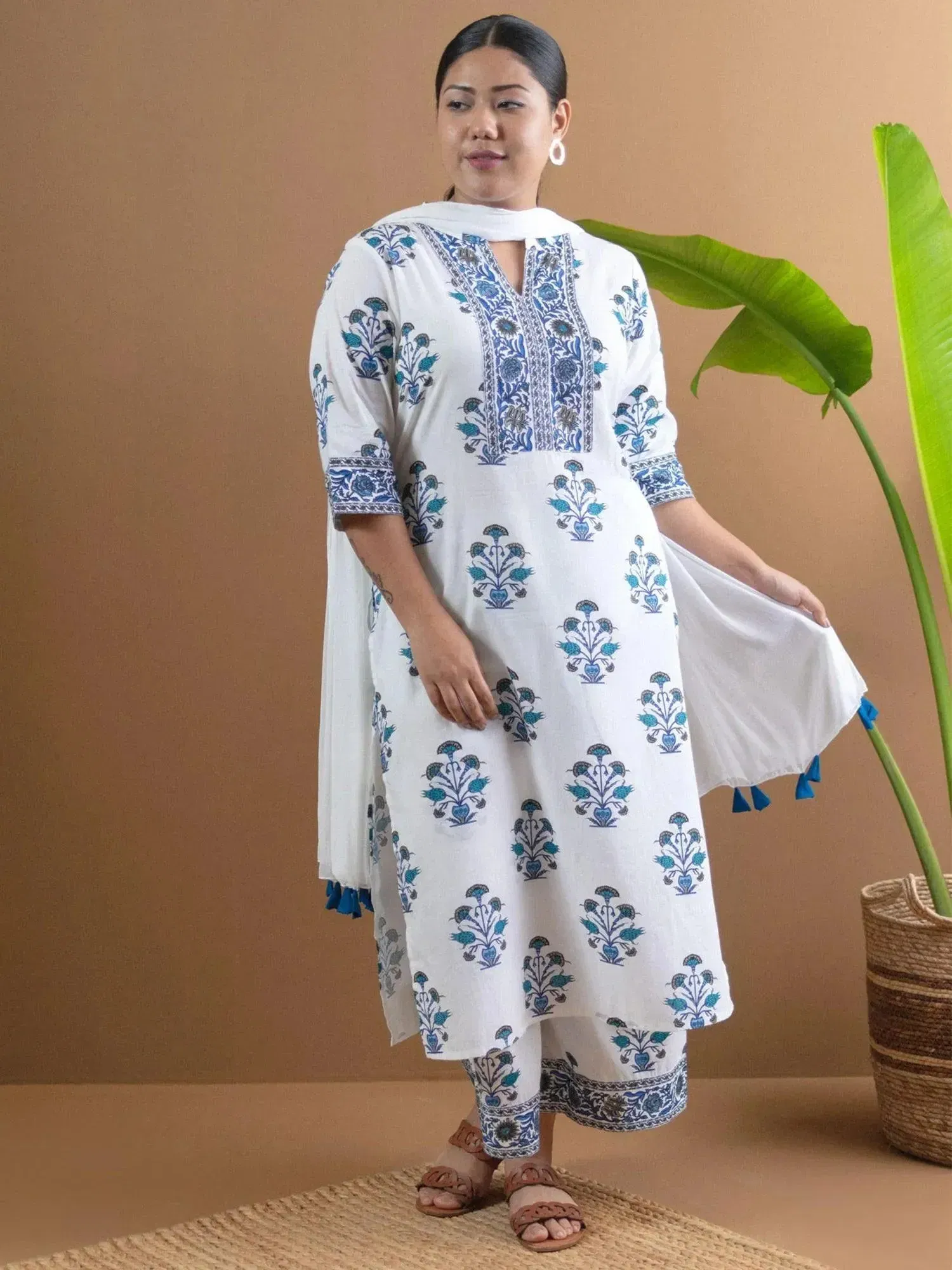 Libas Plus Size White Printed Cotton Straight Kurta With Palazzos and Dupatta Libas sale