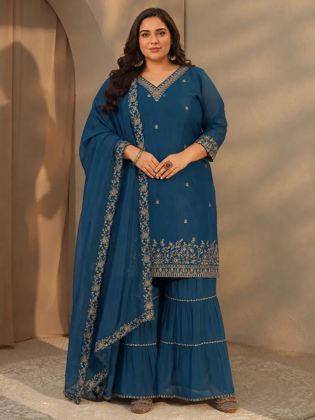 Libas Plus Size Persian Blue Embellished Chanderi Cotton Sharara Suit Set Libas sale