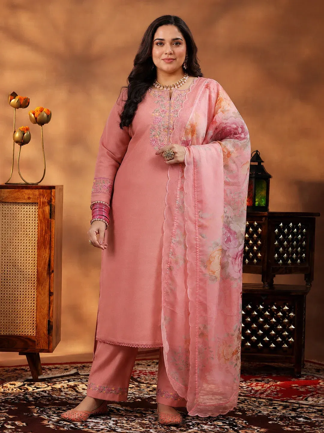 Libas Plus Size Peach Yoke Design Silk Blend Straight Suit With Dupatta Libas sale