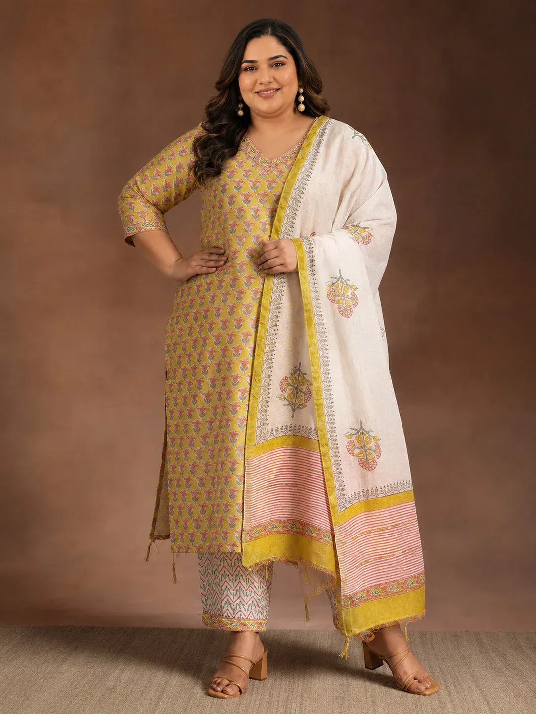 Libas Plus Size Yellow Printed Cotton Straight Suit With Dupatta Libas sale