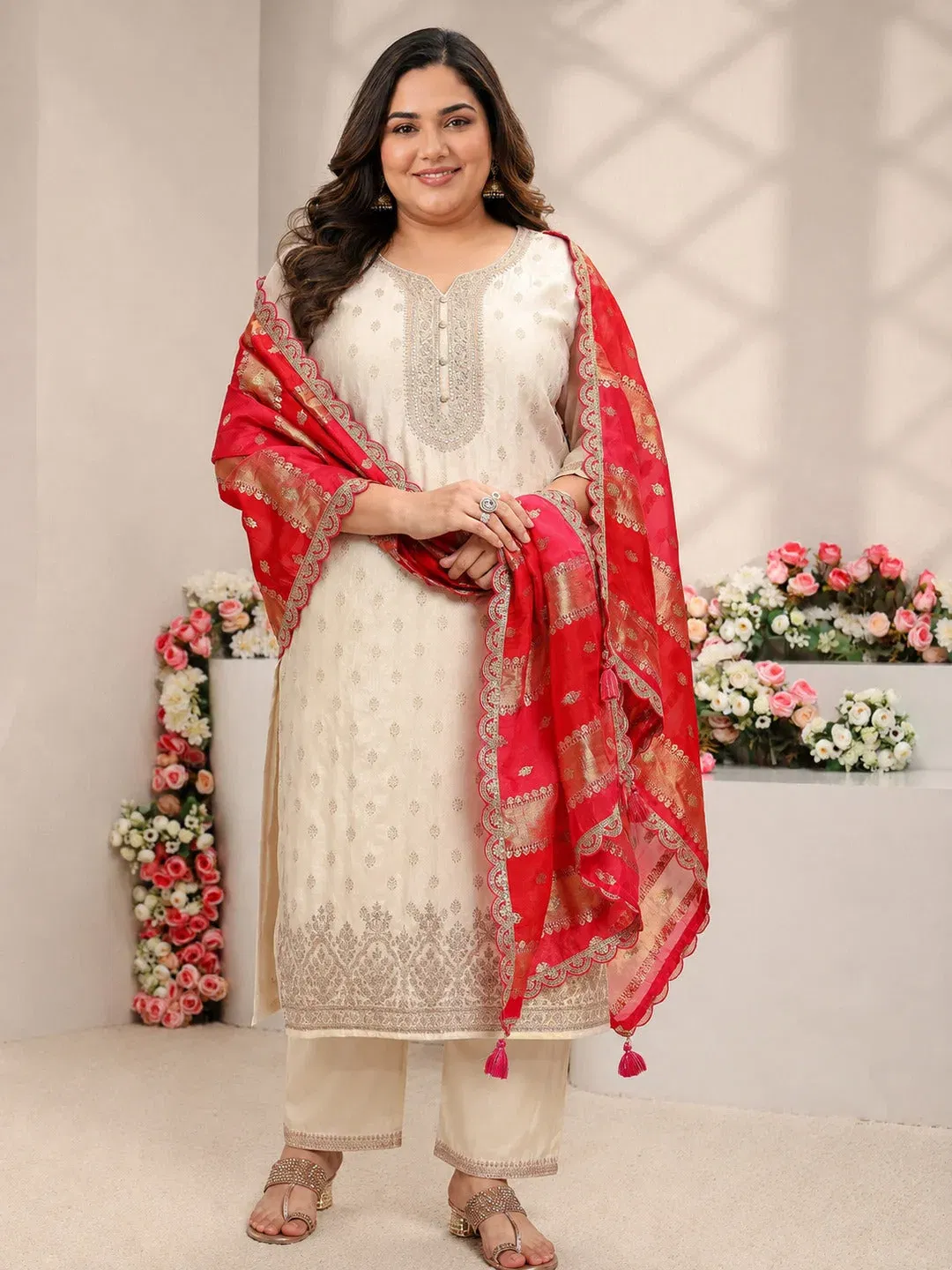 Libas Plus Size Ivory Woven Design Silk Blend Straight Suit Set With Dupatta Libas sale