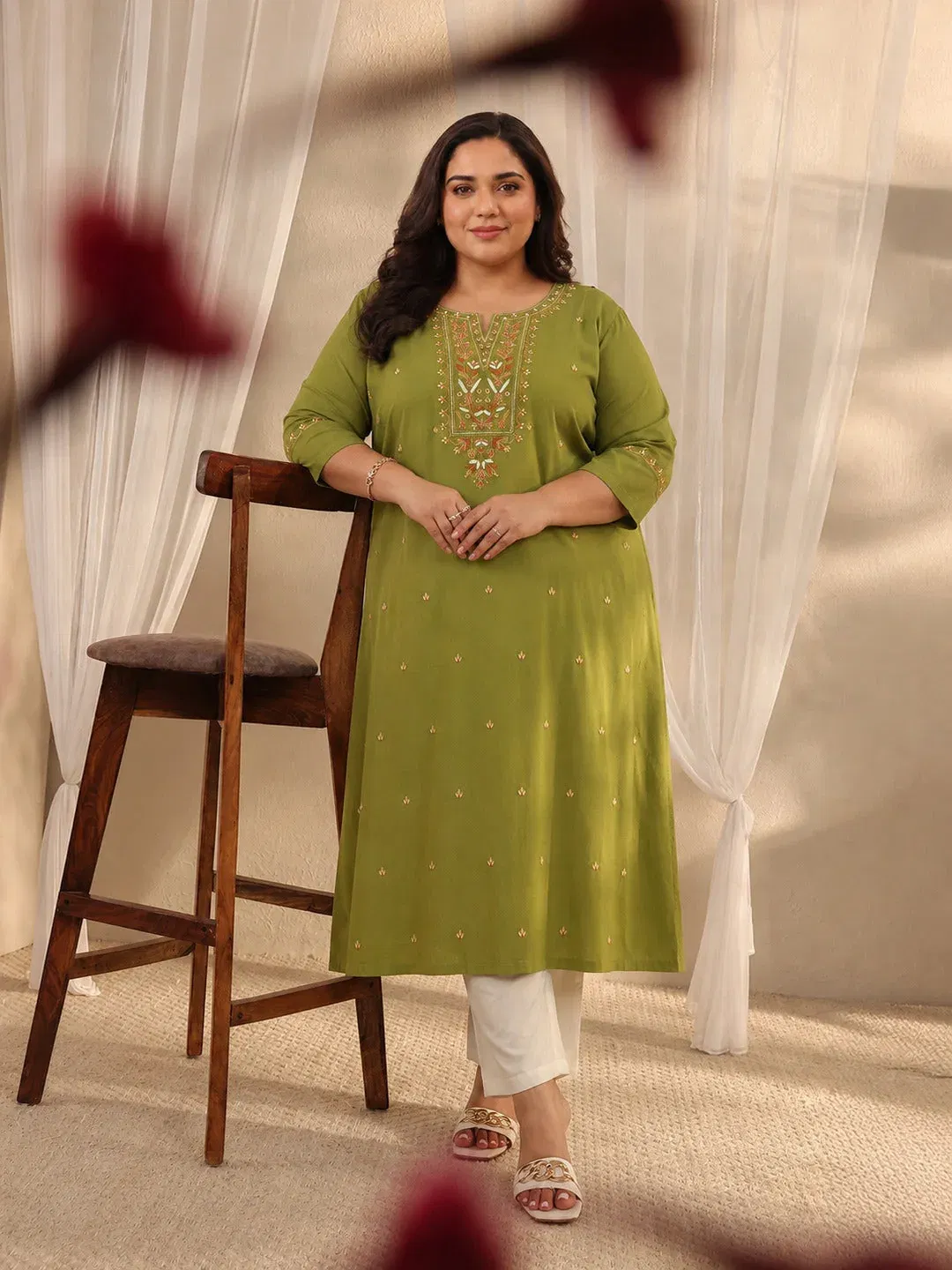 Libas Plus Size Green Ethnic Motif Embroidered Cotton Straight Kurta Libas sale