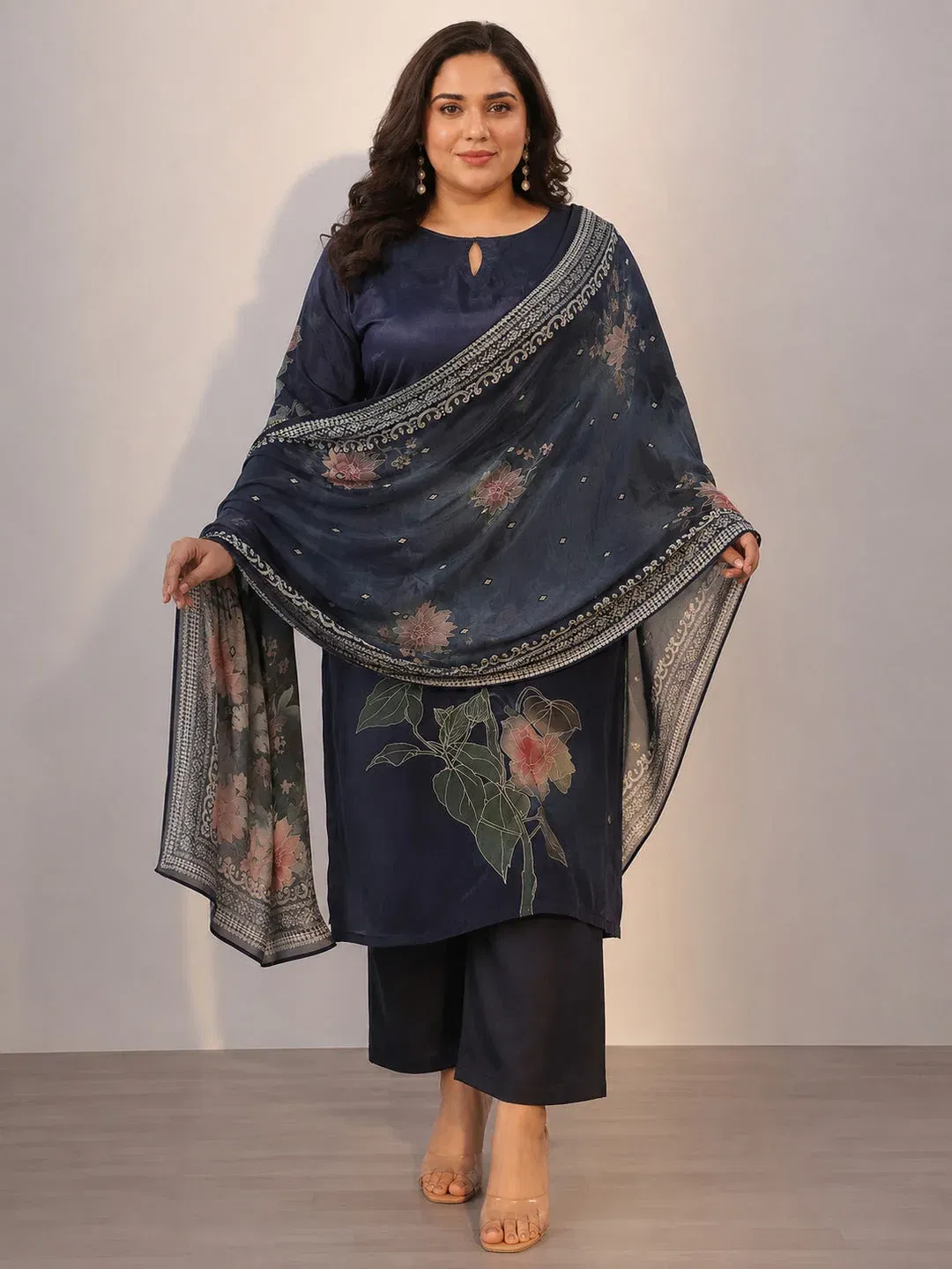 Libas Plus Size Blue Printed Silk Blend Straight Suit With Dupatta Libas sale