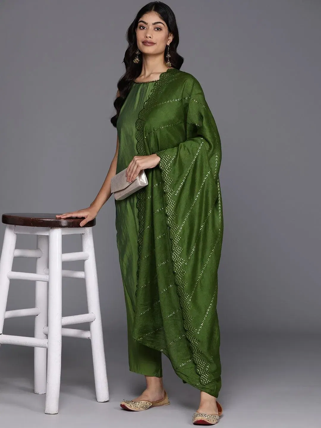 Libas Green Solid Silk Blend Straight Suit With Dupatta Libas sale