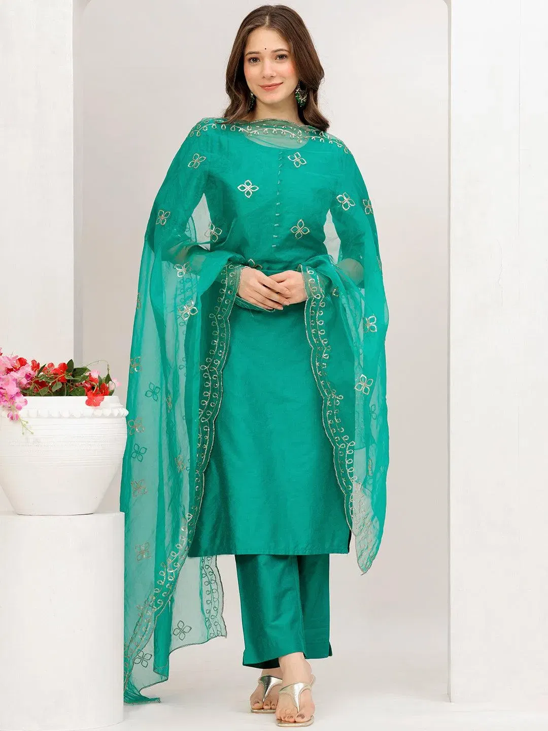 Libas Rama Green Solid Silk Blend Straight Suit With Dupatta Libas sale