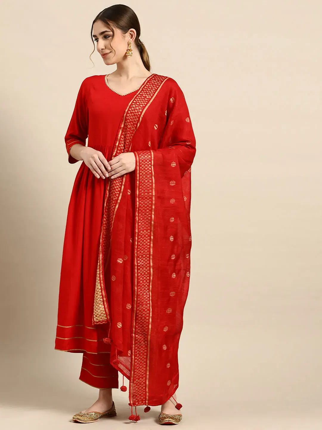 Libas Red Solid Rayon Anarkali Suit With Dupatta Libas sale