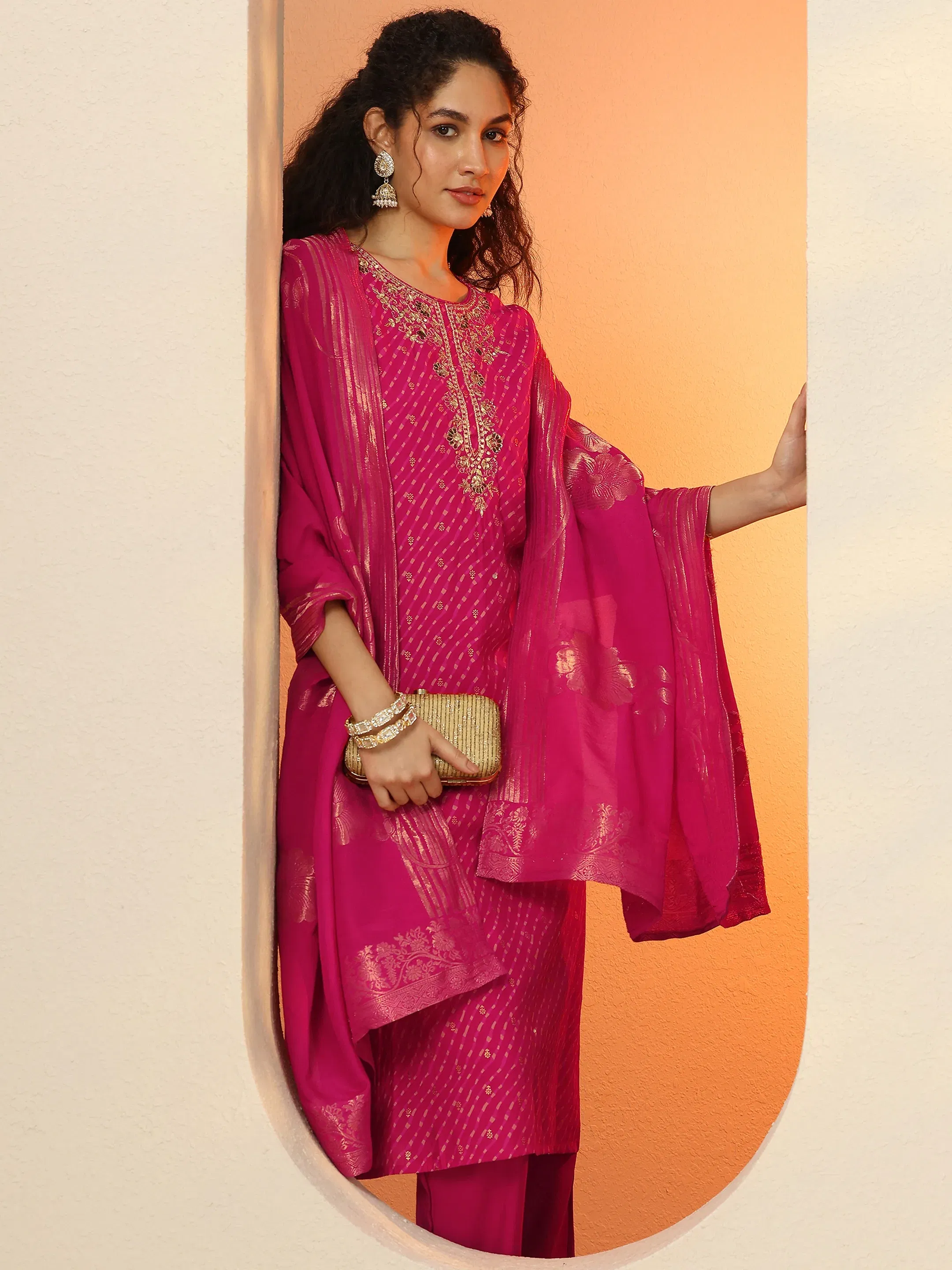 Libas Pink Printed Silk Blend Straight Suit Set With Dupatta Libas sale