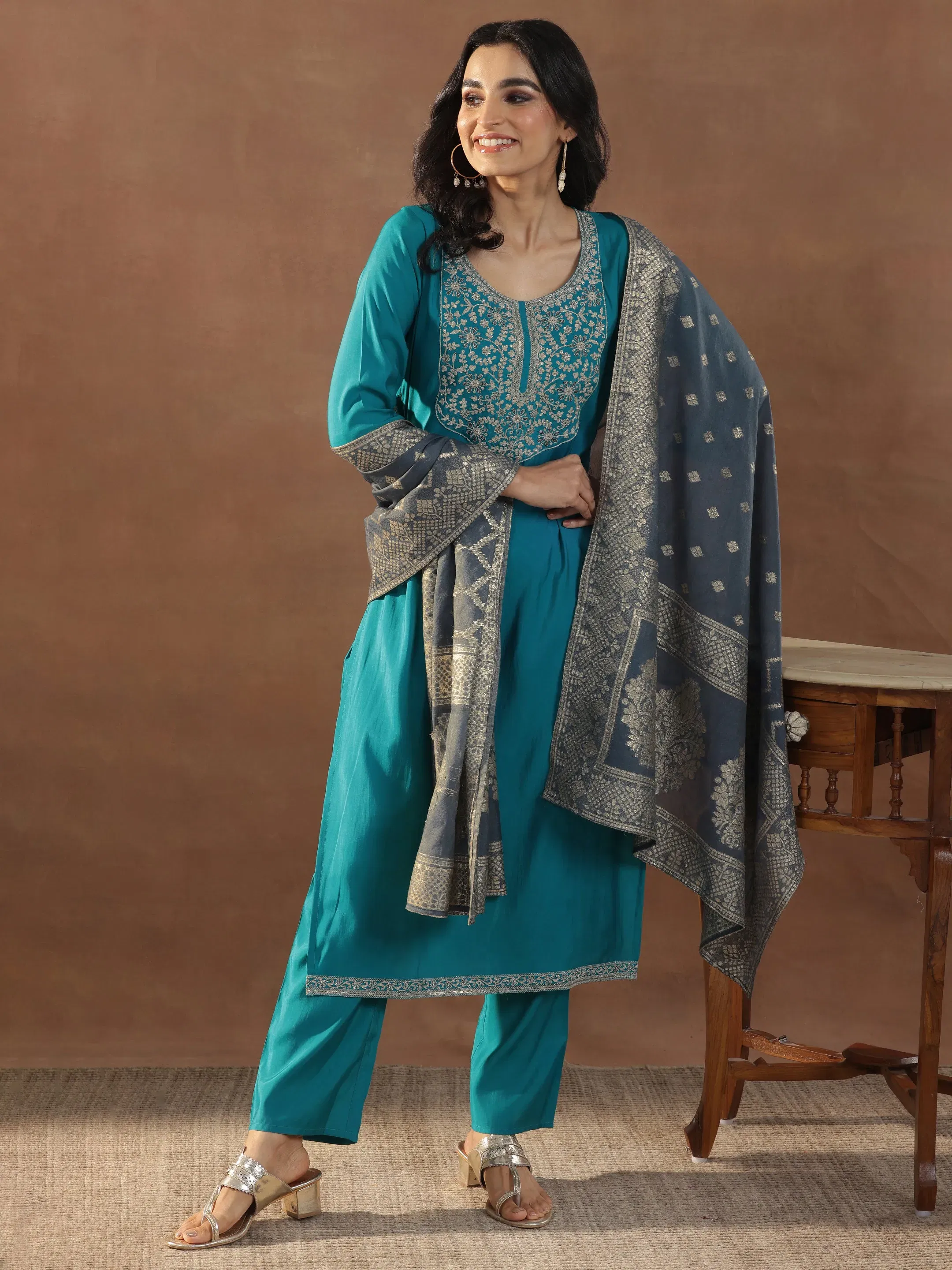 Libas Blue Yoke Design Silk Blend Straight Suit Set With Dupatta Libas sale