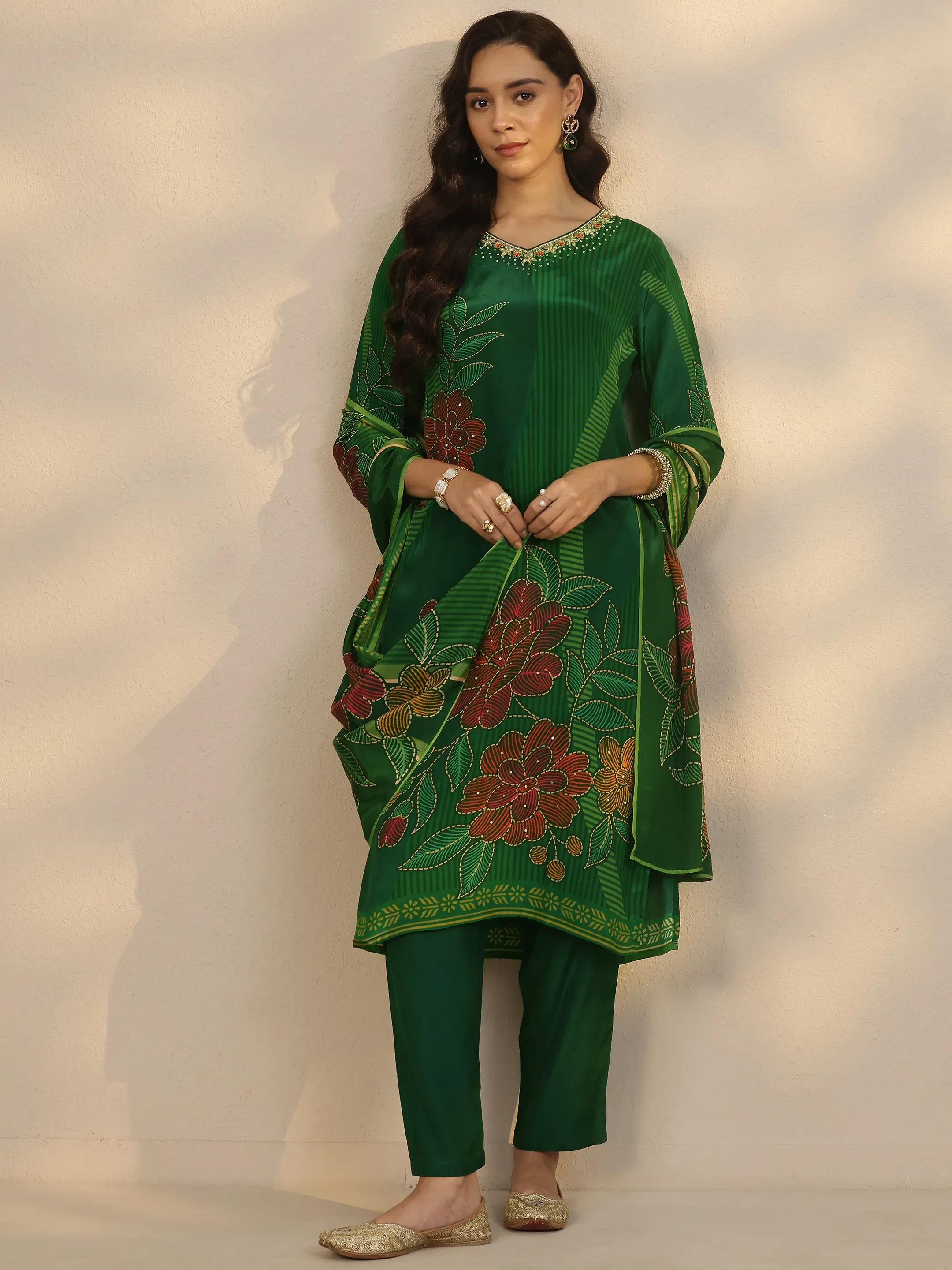 Libas Green Printed Crepe Straight Suit Set With Dupatta Libas sale