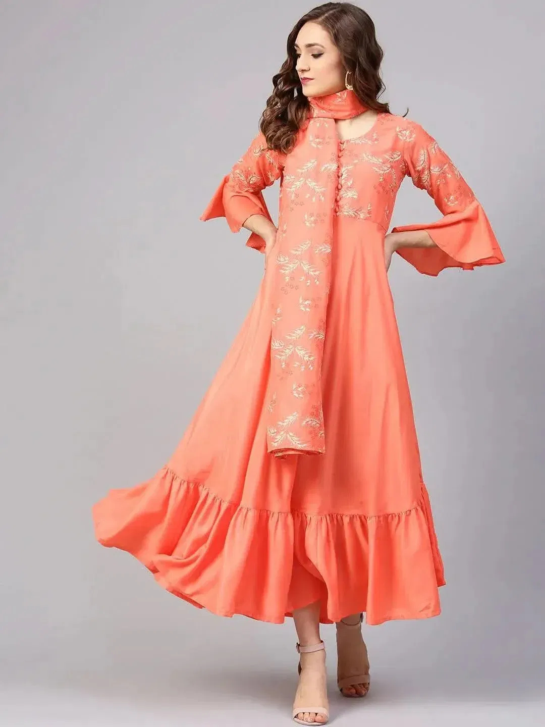 Libas Orange Printed Silk Dress With Stole Libas sale