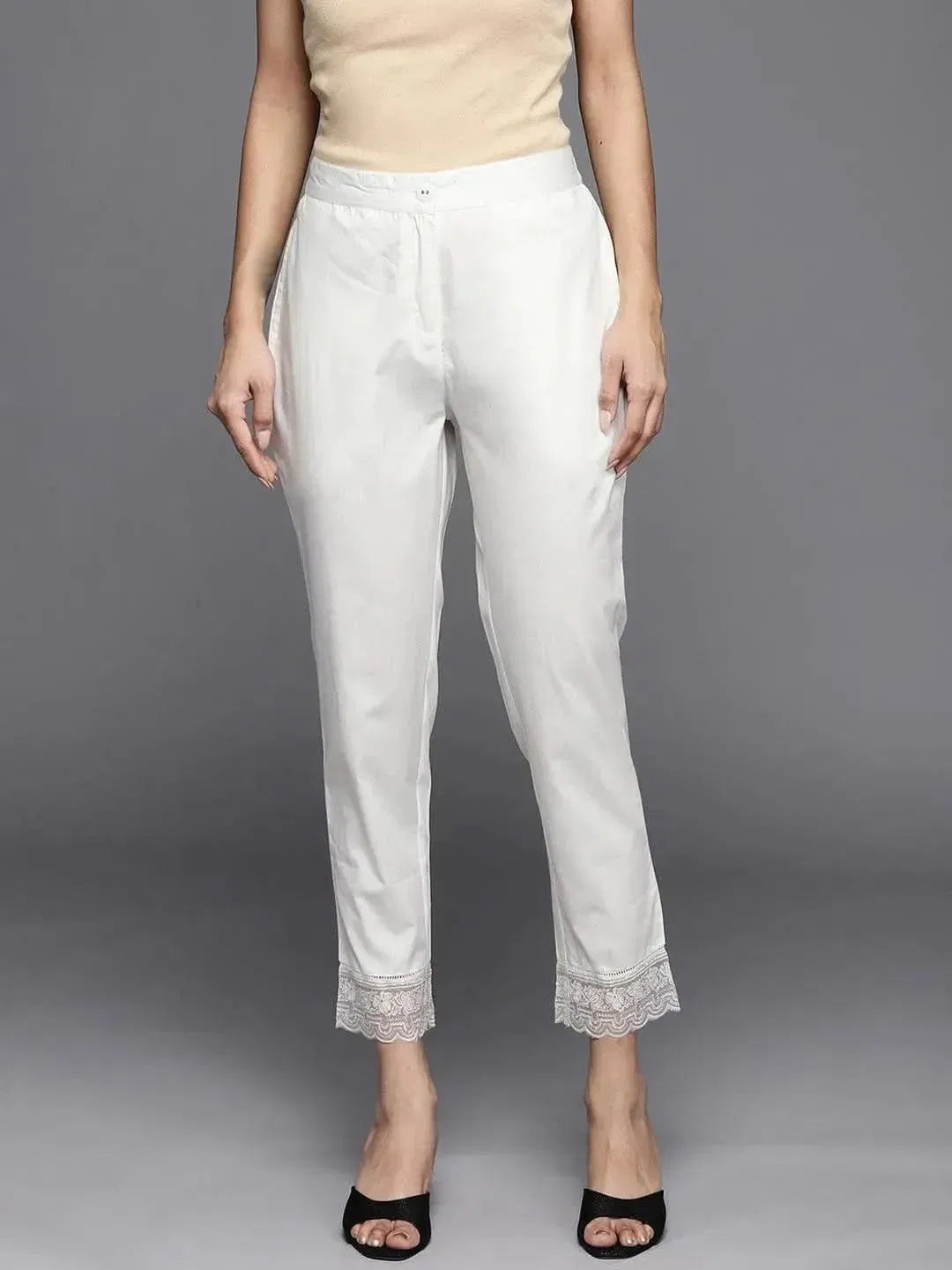 Libas Off White Solid Cotton Trousers Libas sale