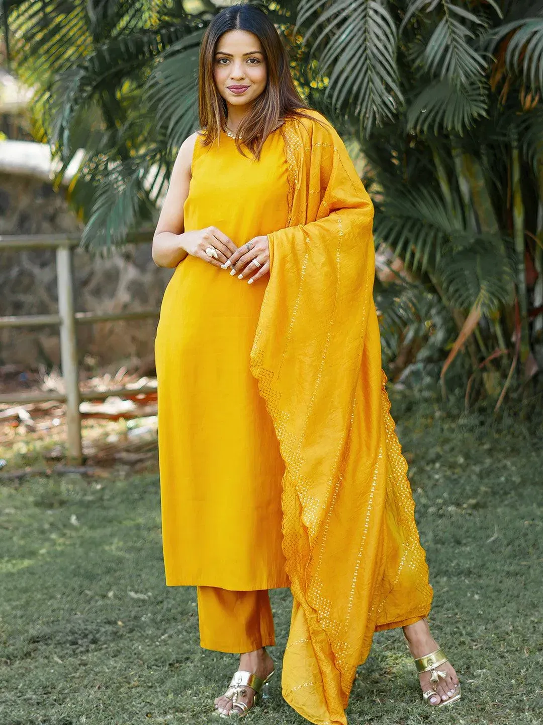 Gerua By Libas Mustard Solid Silk Blend Straight Suit With Dupatta Libas sale