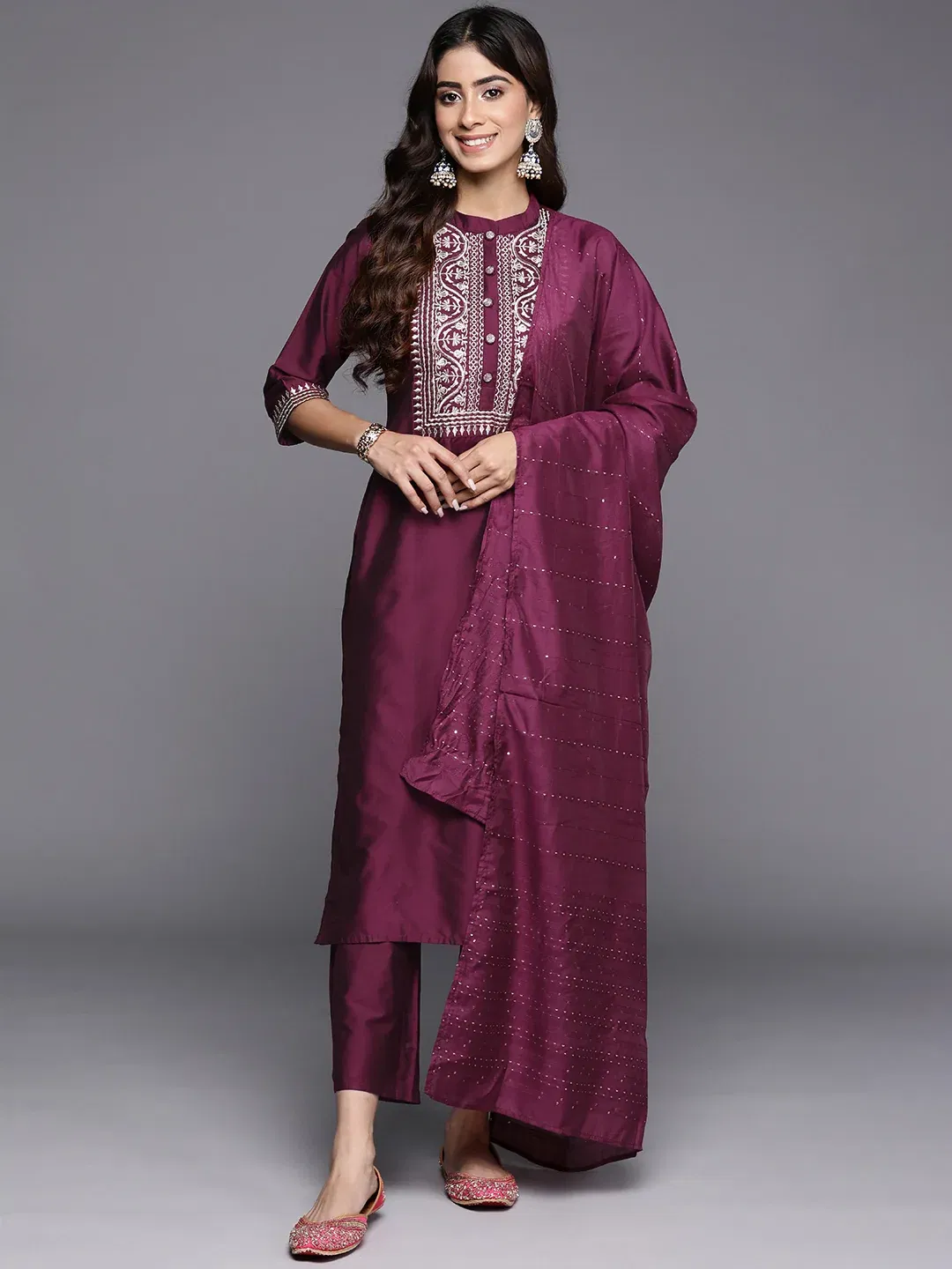 Gerua By Libas Burgundy Yoke Design Silk Blend Straight Suit With Dupatta Libas sale