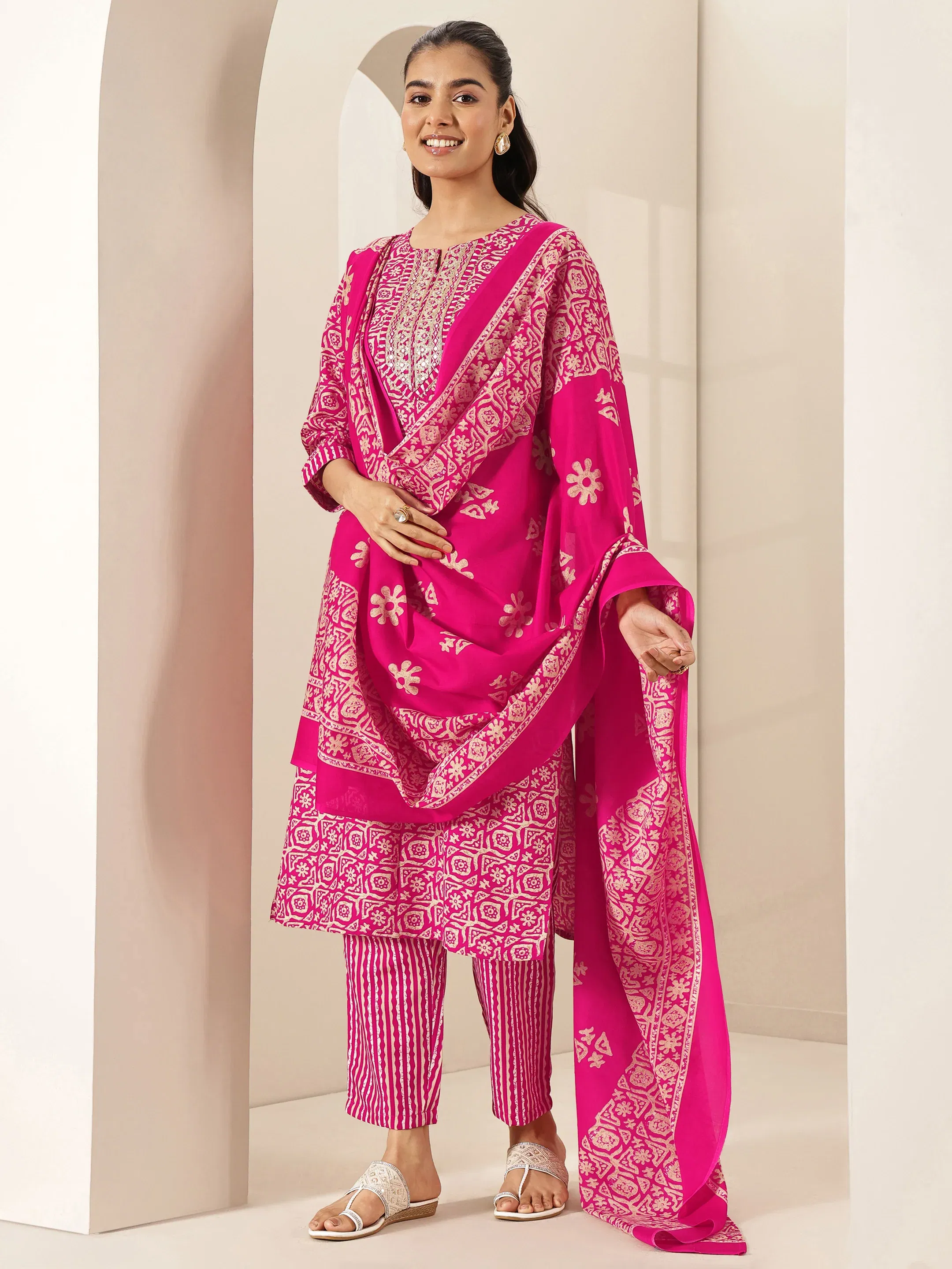 Libas Pink Printed Cotton Blend Straight Suit Set With Dupatta Libas sale