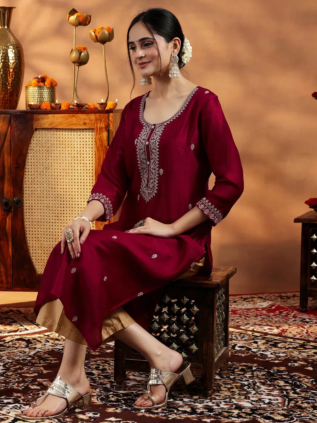 Libas Maroon Embroidered Silk Straight Kurta Libas sale