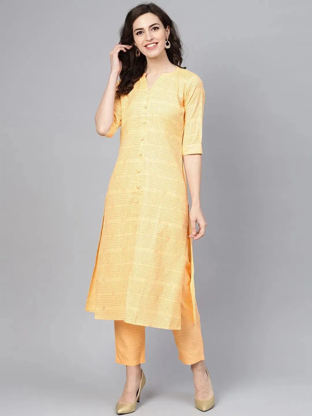 Libas Yellow Checkered Cotton A-Line Kurta With Trousers Libas sale