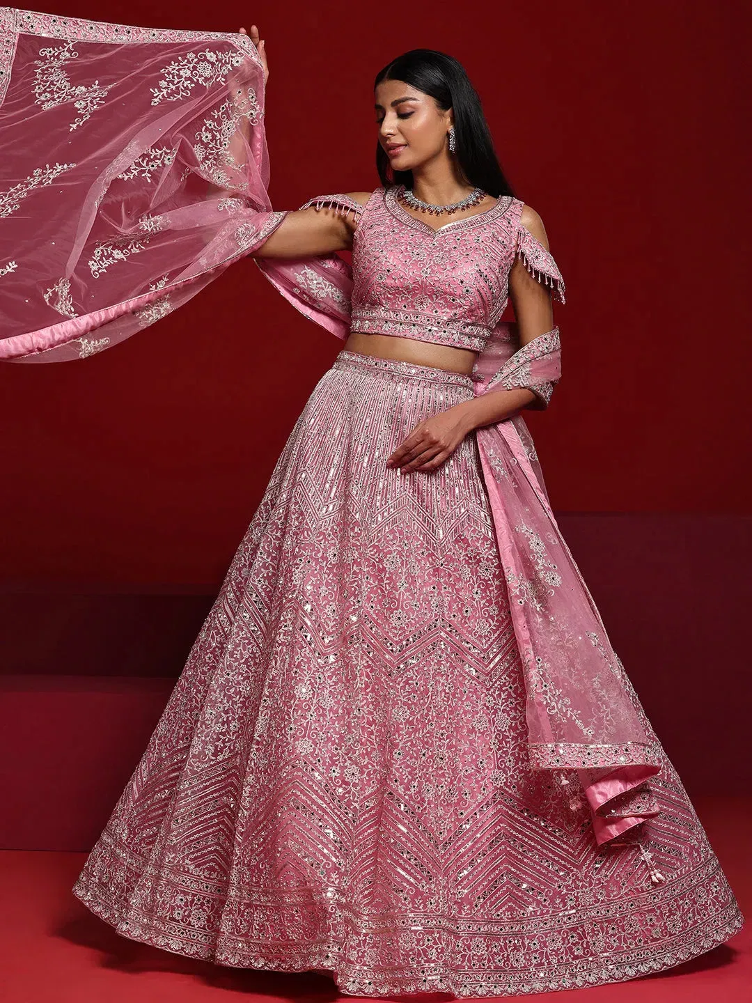 Libas Art Pink Embellished Net Lehenga Set Libas sale